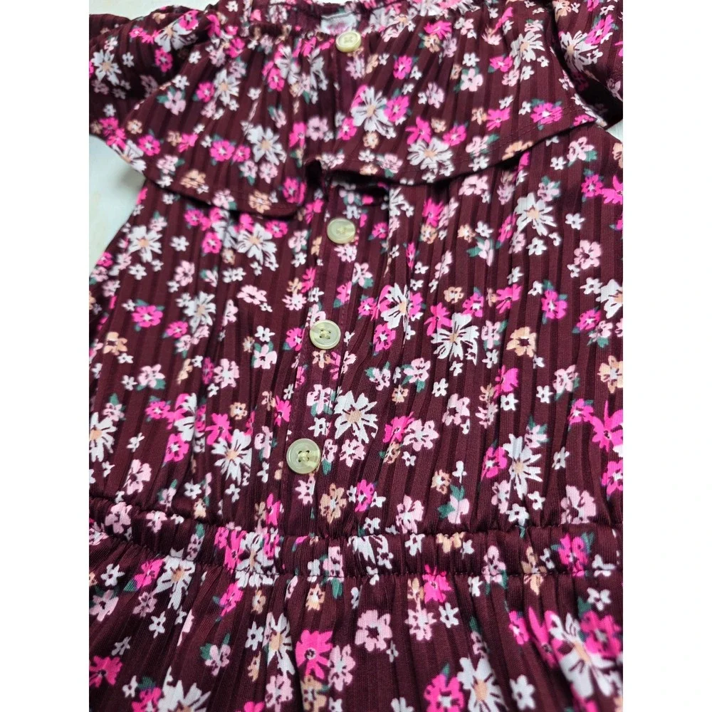 Justice Girls Floral Jumpsuit Burgundy Cold Shoulder Ruffle Wide Leg Size 7/8 S